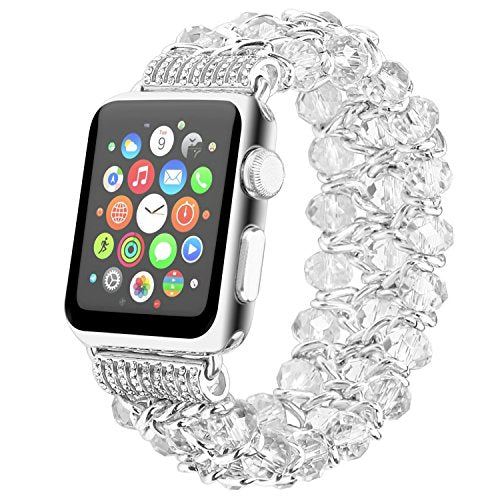 fohuas Compatible for Apple Watch Bracelet 38mm 40mm Series SE 6 5 4 3 2 1, Luxury Crystal Beads pearls iphone Watch Band Fashion Metal Chain Elastic Stretch Wristband Strap for Women Girl, White