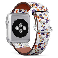 S-Type iWatch Leather Strap Printing Wristbands for Apple Watch 4/3/2/1 Sport Series (42mm) - Halloween Pattern with Pumpkins, Spiders, Bats and House of Fear
