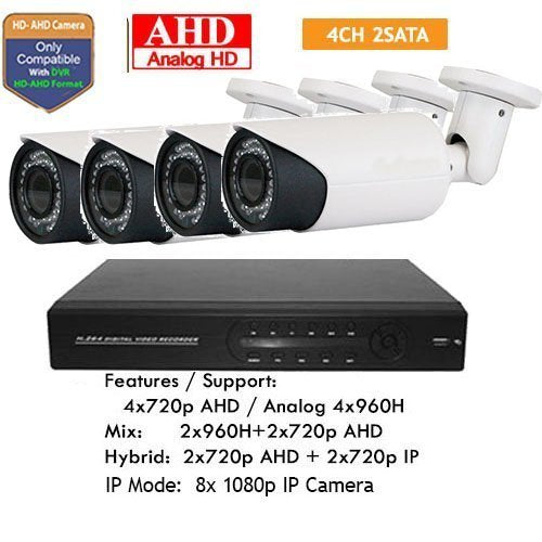 Amview 4ch HD1080P 2.6MP HD DVR 4-in-1 TVI AHD 72IR Varifocal Lens Security Camera