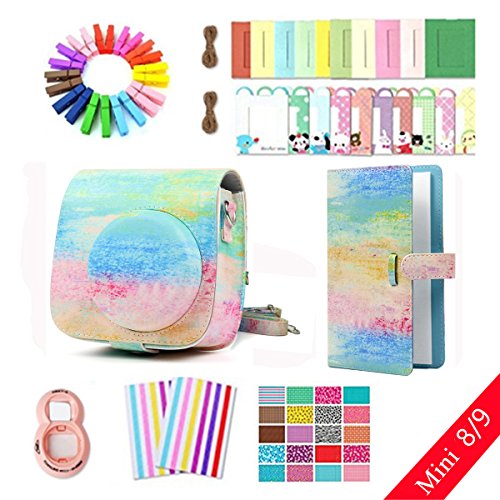 Ngaantyun 8 in 1 Accessories Bundles for Fujifilm Instax Mini 8/9 Camera (Oil Painting Case/Close-up Lens/Album/Wall Hang Frames/Film Stickers/Corner Sticker)