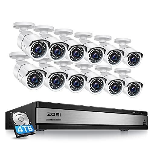ZOSI H.265+ 1080p 16 Channel Security Camera System, Hybrid 4in1 DVR with Hard Drive 4TB and 12 x 1080p CCTV Bullet Camera Outdoor Indoor with 120ft Long Night Vision and 105Wide Angle, Remote Access