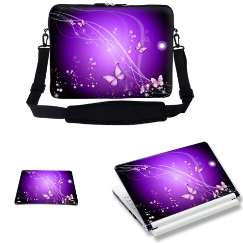 Meffort Inc 15 15.6 inch Laptop Carrying Sleeve Bag Case with Hidden Handle & Adjustable Shoulder Strap with Matching Skin Sticker and Mouse Pad Combo - Purple Swirl Butterfly B