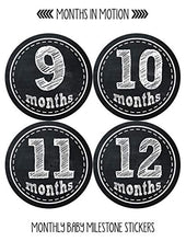 Load image into Gallery viewer, Months In Motion Gender Neutral Monthly Baby Milestone Stickers - Infant Photo Prop for First Year - Shower Gift - Newborn Keepsakes - Unisex Boy or Girl - Chalkboard - Style 155
