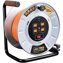Load image into Gallery viewer, Masterplug Power At Work Metal Steel Drum with Four Powered Outlets, Open Cord Reel with Winding Handle, Overload Circuit Breaker and Power Switch, 75 Feet 12AWG, High Visibility Cord, Orange
