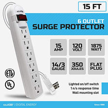 Load image into Gallery viewer, Digital Energy 6-Outlet Surge Protector Power Strip with 15 Foot Long Extension Cord, White, Flat Plug, ETL Listed/UL Standard
