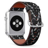 S-Type iWatch Leather Strap Printing Wristbands for Apple Watch 4/3/2/1 Sport Series (42mm) - Embroidery Pattern with Beautiful Asian Crane