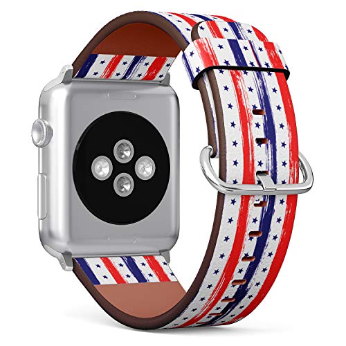 S-Type iWatch Leather Strap Printing Wristbands for Apple Watch 4/3/2/1 Sport Series (42mm) - 4th July Stars and Stripes Retro Pattern in USA Flag Colors