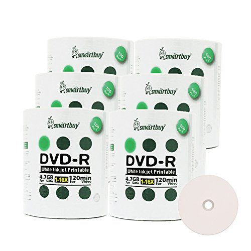 Smart Buy 600 Pack DVD-R 4.7gb 16x White Printable Inkjet Blank Media Record Disc, 600 Disc 600pk