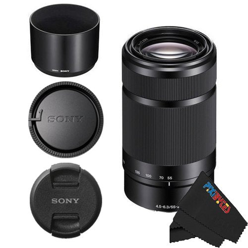 Sony E-Mount 55-210mm F 4.5-6.3 Lens for Sony E-Mount Cameras Bundle with PixiBytes Microfiber Cleaning Cloth (Black)