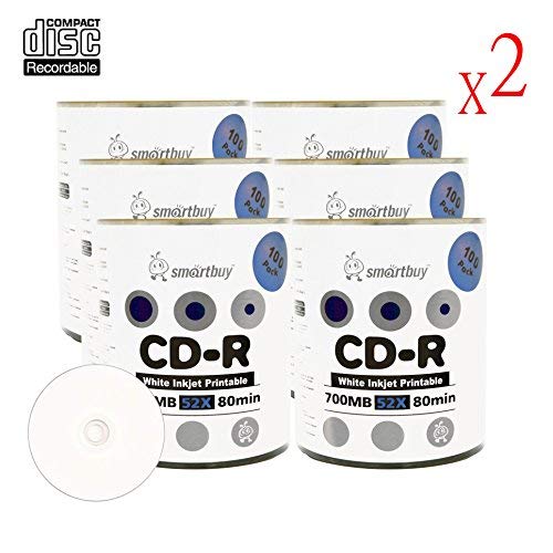 Smart Buy CD-R 1200 Pack 700mb 52x Printable White Inkjet Blank Recordable Discs, 1200 Disc, 1200pk