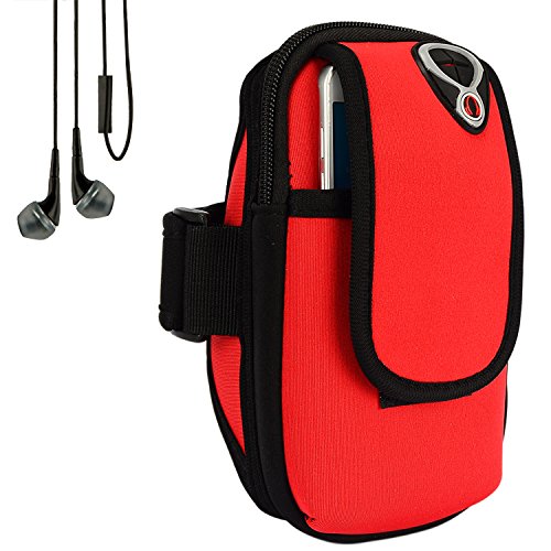 Sweatproof Red Neoprene Fitness Pouch Armband with in-Ear Stereo Earphones Suitable for Nokia Smartphones Up to 6.4inches