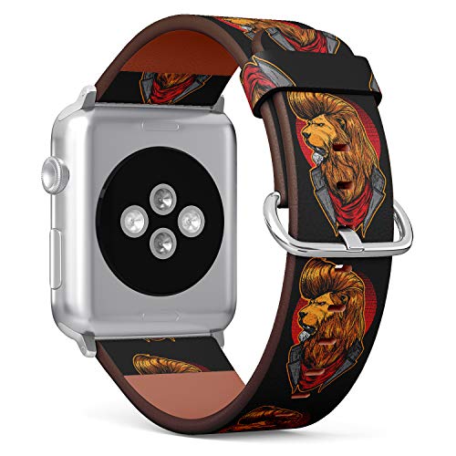 S-Type iWatch Leather Strap Printing Wristbands for Apple Watch 4/3/2/1 Sport Series (42mm) - Lion with Cool Hair Style Wearing Jacket