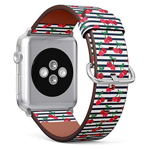 S-Type iWatch Leather Strap Printing Wristbands for Apple Watch 4/3/2/1 Sport Series (42mm) - Hand Drawn Cherry Vector on Stripes