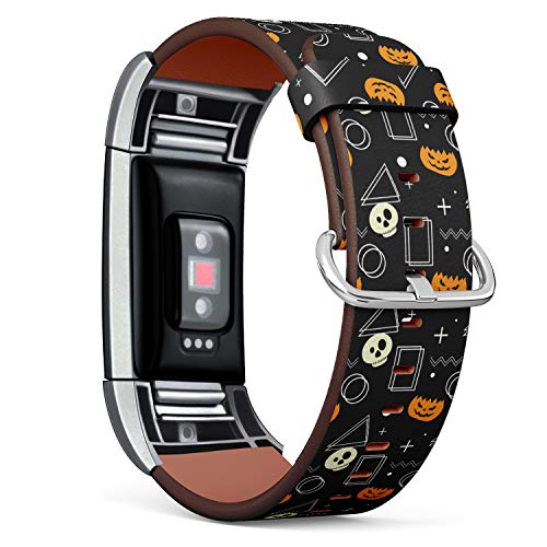 Replacement Leather Strap Printing Wristbands Compatible with Fitbit Charge 2 - Halloween Ghost Pumpkin and Geometric Pattern