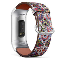 Replacement Leather Strap Printing Wristbands Compatible with Fitbit Charge 3 / Charge 3 SE - Colorful Floral Pattern of Circles with Fitbit Mandala in Patchwork Boho Chic Style