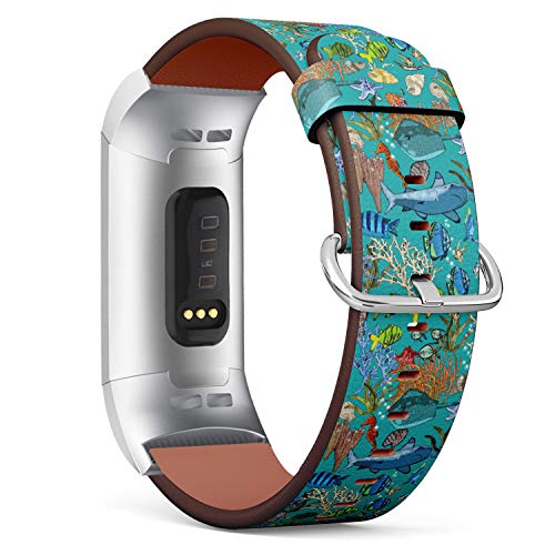 Replacement Leather Strap Printing Wristbands Compatible with Fitbit Charge 3 / Charge 3 SE - Exotic Fish, Seahorses, Sharks, Starfish, Coral, Stingray