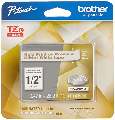 Brother P-touch TZe-PR234 Gold Print on Premium Glitter White Laminated Tape 12mm (0.47) wide x 8m (26.2) long, TZEPR234