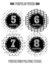 Load image into Gallery viewer, Months In Motion Gender Neutral Baby Month Stickers - Monthly Milestone Sticker for Boy or Girl - Infant Photo Prop for First Year - Shower Gift - Newborn Keepsakes - Unisex - Tribal Arrows
