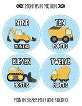 Load image into Gallery viewer, Baby Monthly Stickers - Monthly Milestone Stickers - Baby Month Stickers for Boy - Construction Trucks
