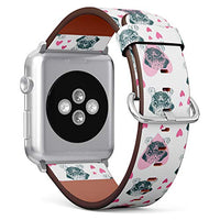 Q-Beans Watchband, Compatible with Big Apple Watch 42mm / 44mm, Replacement Leather Band Bracelet Strap Wristband Accessory // Pretty Pug Puppy Pattern