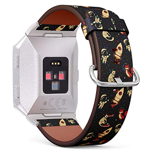 (Cute Doodle Boys, Rockets, Foxes and Cats Floating in Space) Patterned Leather Wristband Strap for Fitbit Ionic,The Replacement of Fitbit Ionic smartwatch Bands