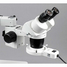 Load image into Gallery viewer, AmScope SW-3B13-FRL Binocular Stereo Microscope, WH10x Eyepieces, 10X and 30X Magnification, 1X/3X Objective, Single-Arm Boom Stand, 8W Fluorescent Ring Light, 110V-120V

