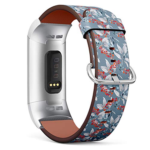 Replacement Leather Strap Printing Wristbands Compatible with Fitbit Charge 3 / Charge 3 SE - Floral Pattern on Gray Background