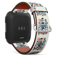 Replacement Leather Strap Printing Wristbands Compatible with Fitbit Versa - Retro Boom Box and Music Slogan