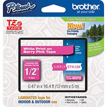Load image into Gallery viewer, Brother Genuine P-touch TZE-MQP35 Tape, 1/2&quot; (0.47&quot;) Wide Standard Laminated Tape, White on Berry Pink, Laminated for Indoor or Outdoor Use, Water-Resistant, 0.47&quot; x 16.4&#39; (12mm x 5M), TZEMQP35
