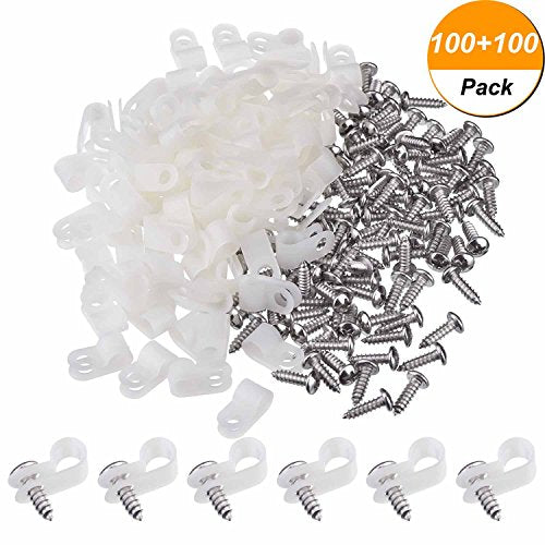 Hicarer 100 Pack 1/4 Inch R-type Clip Cable Fastener Wire Clamp Nylon Screw Mounting Electrical Grip Wire Clips with 100 Pack Screws for Wire Management