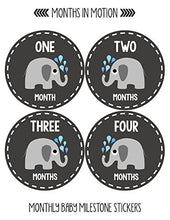 Load image into Gallery viewer, Months In Motion Gender Neutral Baby Month Stickers - Monthly Milestone Sticker for Boy or Girl - Infant Photo Prop for First Year - Shower Gift - Newborn Keepsakes - Unisex- Chalkboard- Elephants
