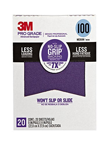 3M 26100CP-P-G Pro Grade No-Slip Grip Advanced Sandpaper, 9 x 11-Inch, 100 Grit, Pack of 20, Clear