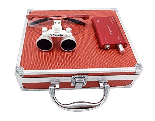 NSKR 3.5X 420mm Working Distance Surgical Binocular Loupes Optical Glass with LED Head Light Lamp + Aluminum Box Red