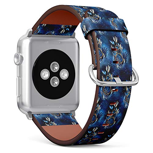 Compatible with Big Apple Watch 42mm, 44mm, 45mm (All Series) Leather Watch Wrist Band Strap Bracelet with Adapters (Watercolor Eagle Dream Catcher)