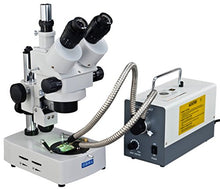 Load image into Gallery viewer, OMAX 3.5X-90X Trinocular Table Stand Stereo Microscope with Dual Illumination System and Additional 150W Cold Fiber Y-Type Gosseneck Light
