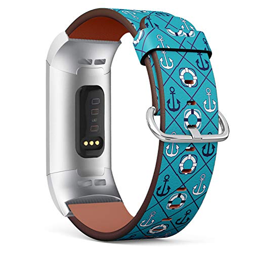 Replacement Leather Strap Printing Wristbands Compatible with Fitbit Charge 3 / Charge 3 SE - Continuous Vector Drawing About Maritime