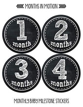 Load image into Gallery viewer, Months In Motion Gender Neutral Monthly Baby Milestone Stickers - Infant Photo Prop for First Year - Shower Gift - Newborn Keepsakes - Unisex Boy or Girl - Chalkboard - Style 155
