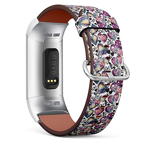 Replacement Leather Strap Printing Wristbands Compatible with Fitbit Charge 3 / Charge 3 SE - Pattern with Fitbit Watercolor Hearts, Vivid Nebula, Black Dots and Word Love