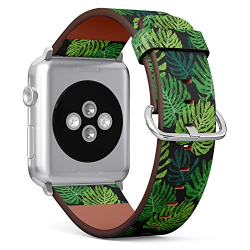 Compatible with Small Apple Watch 38mm, 40mm, 41mm (All Series) Leather Watch Wrist Band Strap Bracelet with Adapters (Tropical Monstera)