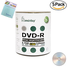 Load image into Gallery viewer, Smartbuy 500-disc 4.7GB/120min 16x DVD-R Silver Inkjet Hub Printable Blank Media Disc + Free Micro Fiber Cloth
