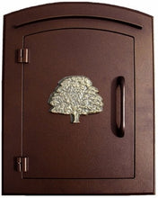 Load image into Gallery viewer, Qualarc MAN-1404-AC Manchester Column Mount Mailbox with&quot;Decorative Oak Tree Logo&quot; in Antique Copper
