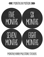 Load image into Gallery viewer, Months In Motion Gender Neutral Baby Month Stickers - Monthly Milestone Sticker for Boy or Girl - Infant Photo Prop for First Year - Shower Gift - Newborn Keepsakes - Unisex- Chalkboard
