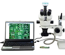 Load image into Gallery viewer, OMAX 3.5X-90X Digital Zoom Trinocular Dual-Bar Boom Stand Stereo Microscope with Cold Ring Fiber Light and 2.0MP USB Camera
