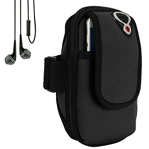 Sweatproof Black Neoprene Fitness Pouch Armband with in-Ear Stereo Earphones Suitable for Samsung Galaxy Smartphones Up to 6.4inches