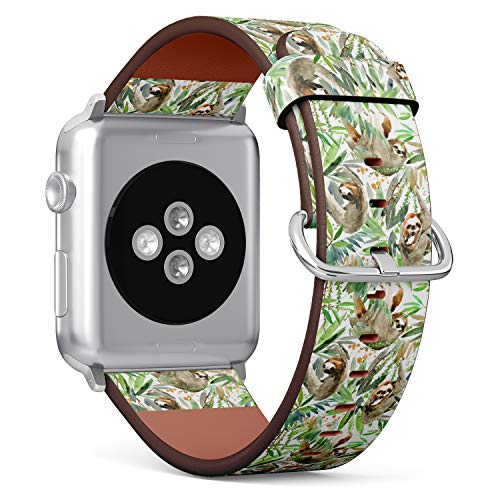 S-Type iWatch Leather Strap Printing Wristbands for Apple Watch 4/3/2/1 Sport Series (38mm) - Watercolor Sloth and Tropical Leaves