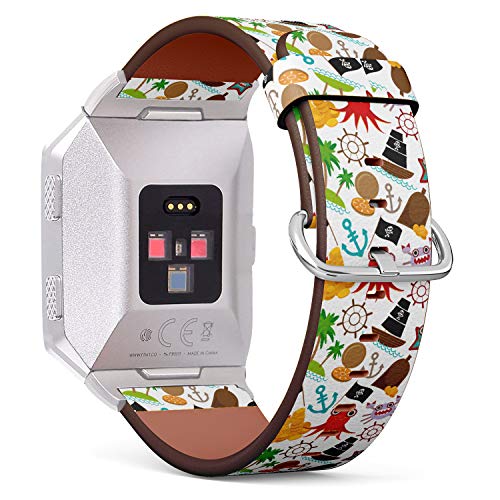 (Marine Pitate Pattern with Anchor and sail Boat) Patterned Leather Wristband Strap for Fitbit Ionic,The Replacement of Fitbit Ionic smartwatch Bands