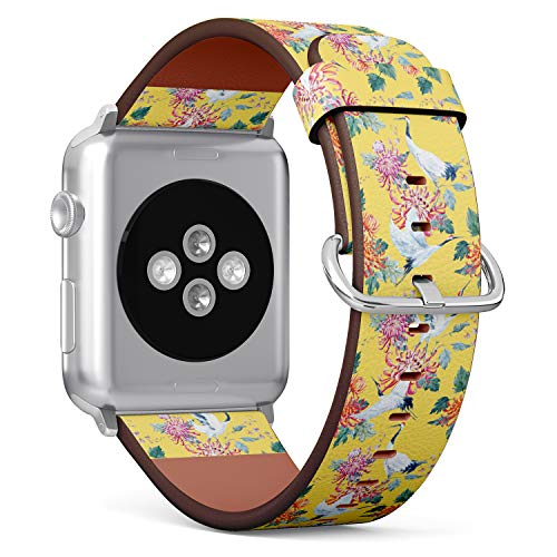 S-Type iWatch Leather Strap Printing Wristbands for Apple Watch 4/3/2/1 Sport Series (38mm) - Japanese Style Floral Crane Pattern
