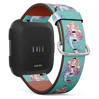 Replacement Leather Strap Printing Wristbands Compatible with Fitbit Versa - Mermaid Illustration in Turquoise Background