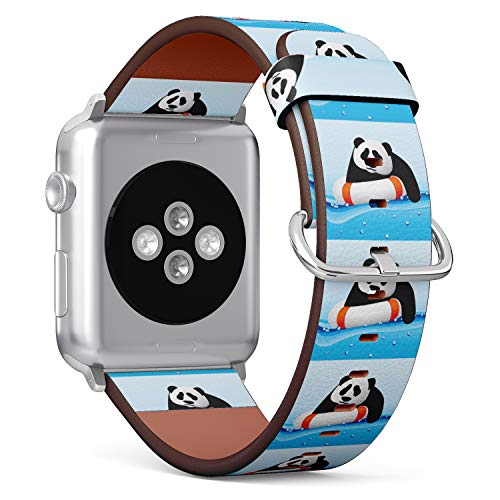S-Type iWatch Leather Strap Printing Wristbands for Apple Watch 4/3/2/1 Sport Series (38mm) - Cartoon Panda Bear and Lifebuoy