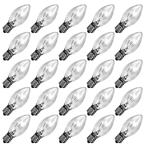 25 Pack Clear Replacement Bulbs, C7 Outdoor String Light Bulbs, C7/E12 Candelabra Base, 5 Watt-Clear